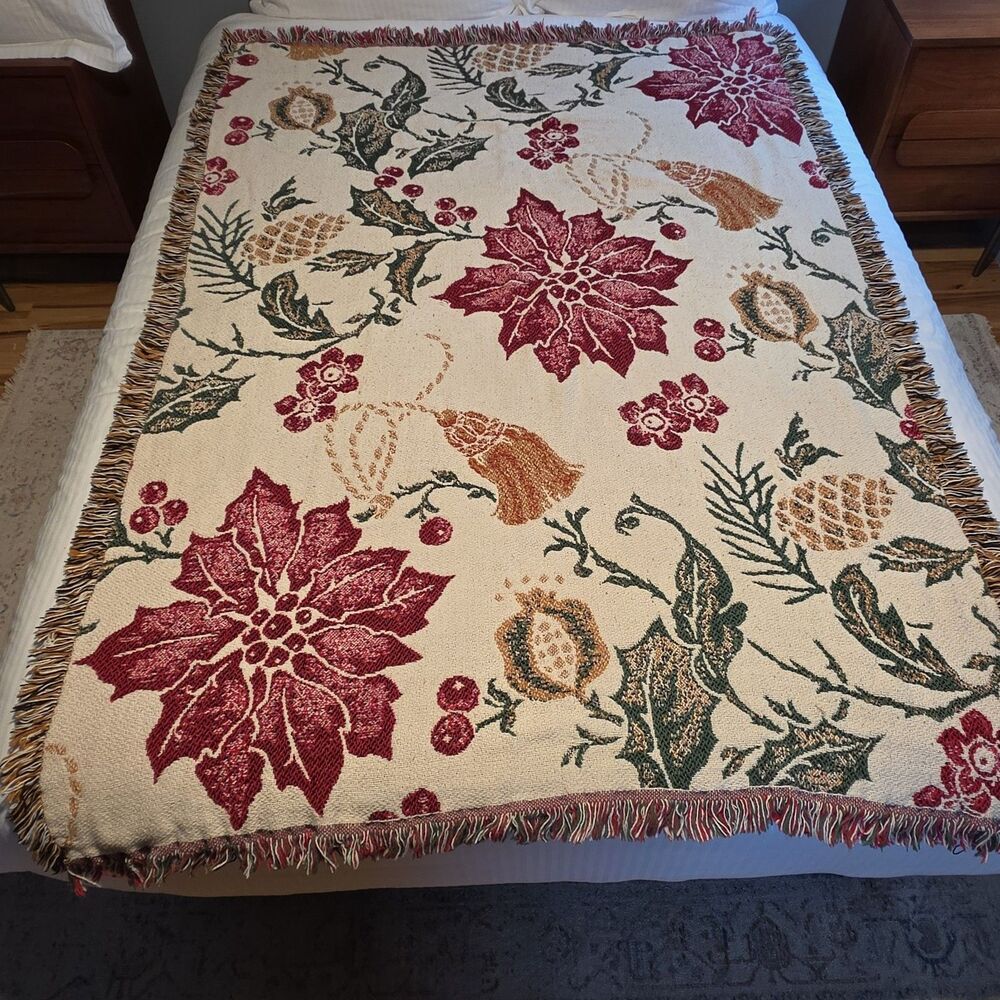 Poinsettia Tapestry Throw Blanket Holiday Decor 68x46 with Fringe Trim